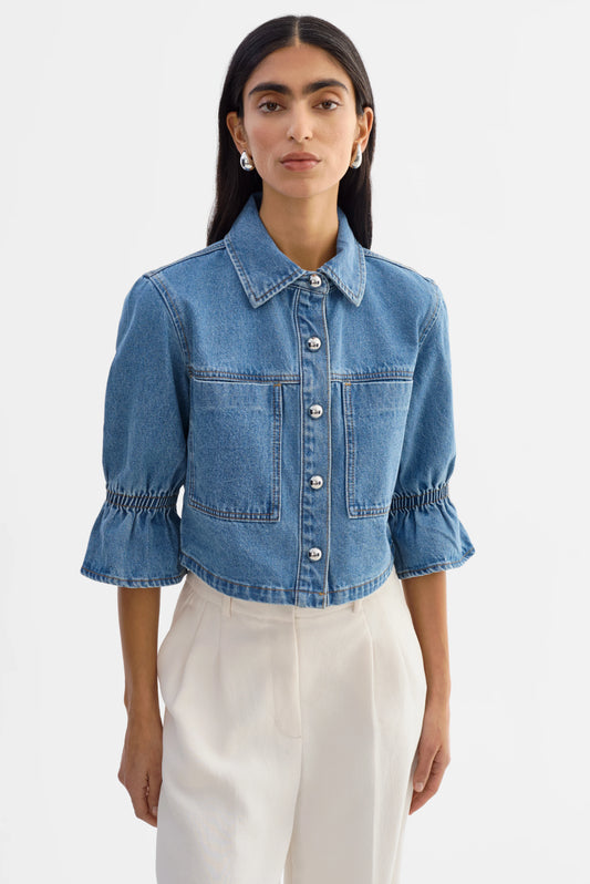 Carolina D Denim Ruffle Sleeve Jacket
