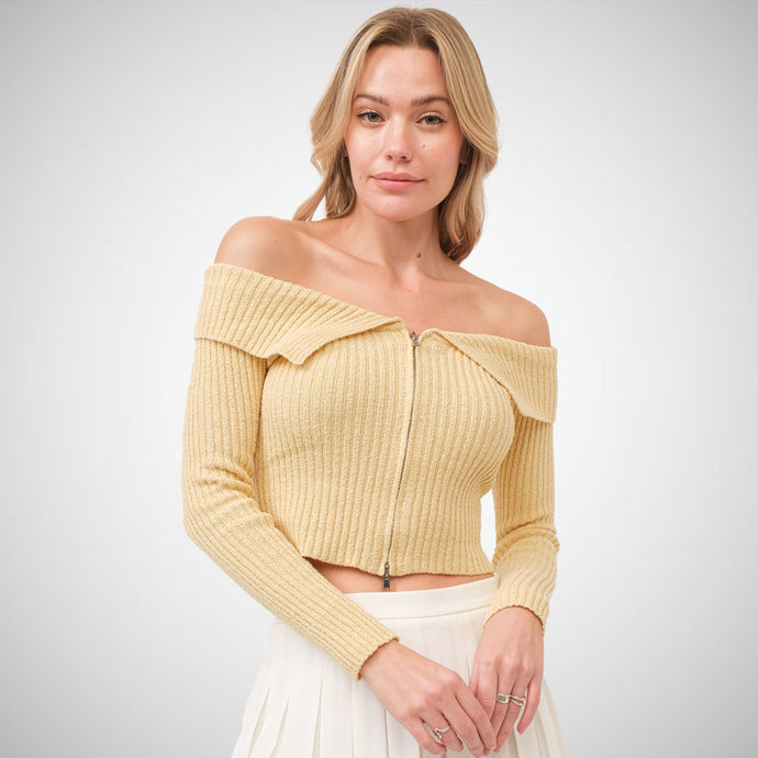 Knitted Off Shoulder Zip Up Crop Sweater (8027658485968)