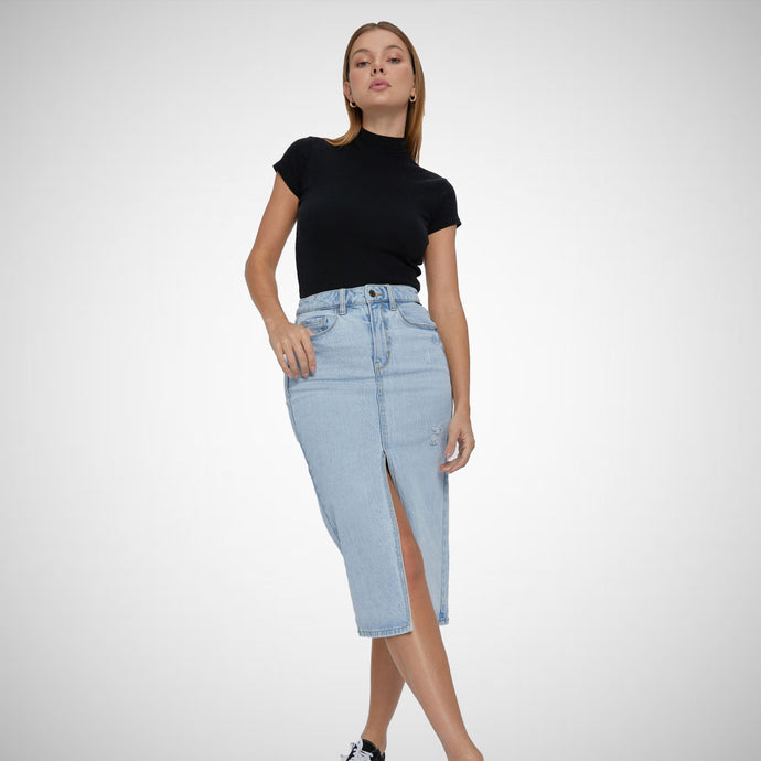 High Rise Midi Skirt with Front Slit (8027785756880)