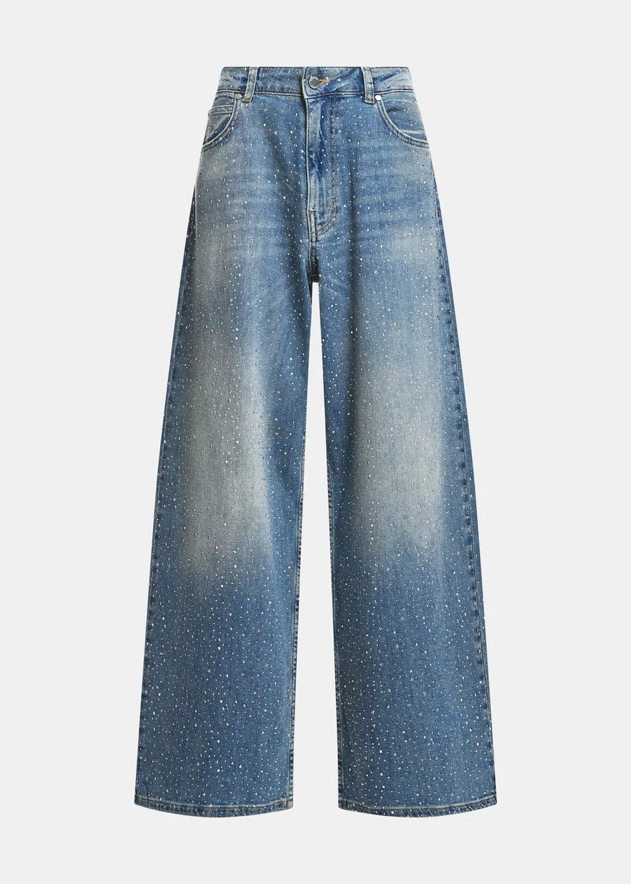 Blue rhinestone-embellished wide-leg jeans