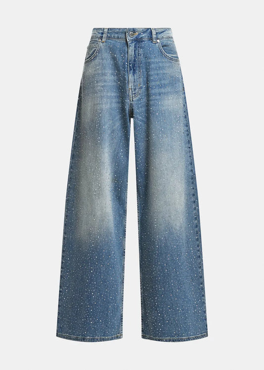 Blue rhinestone-embellished wide-leg jeans