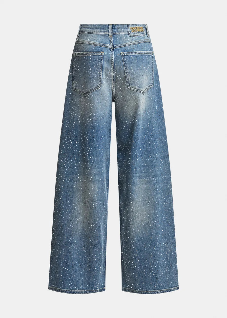 Blue rhinestone-embellished wide-leg jeans
