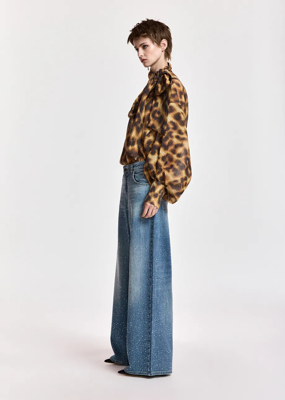 Blue rhinestone-embellished wide-leg jeans