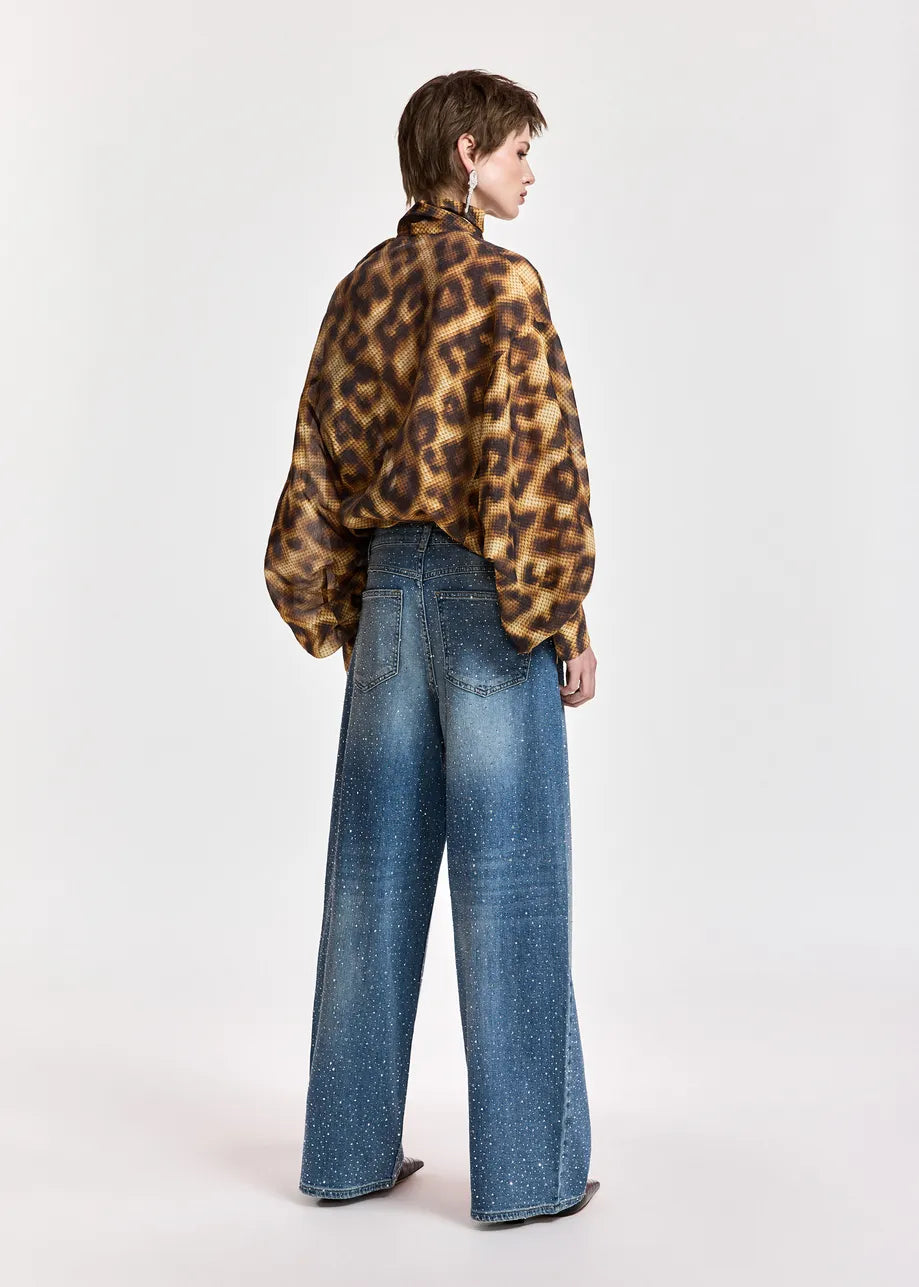 Blue rhinestone-embellished wide-leg jeans