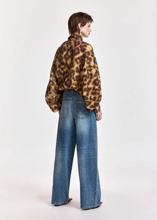 Blue rhinestone-embellished wide-leg jeans