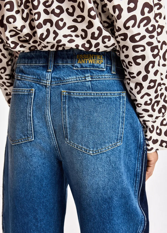 Dark blue panelled barrel-leg jeans