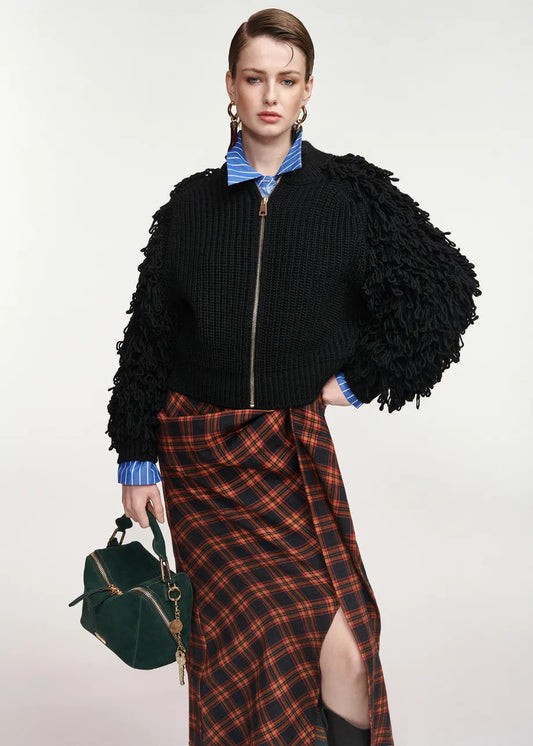 Black fringe-sleeve wool-blend cardigan