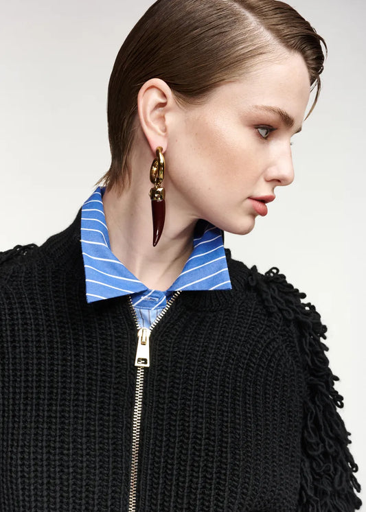 Black fringe-sleeve wool-blend cardigan