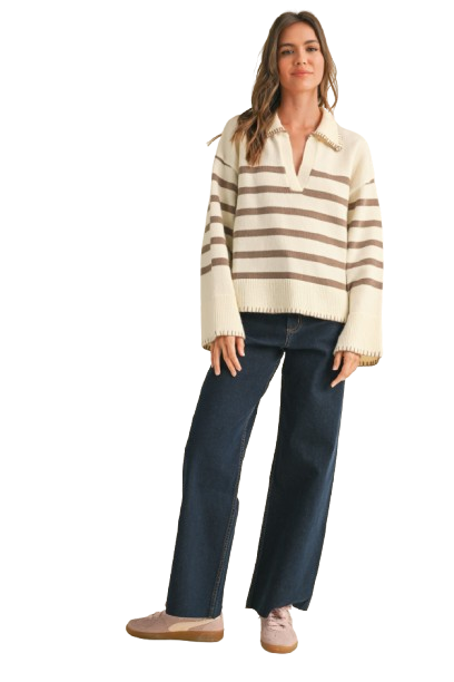 Stripe With Detailed On Edge Sweater Top (8160640073936)