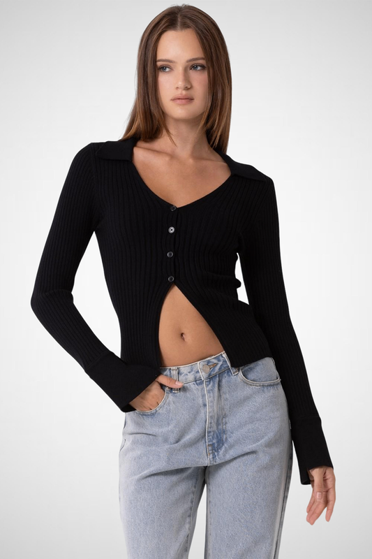 Knitted V-Neck Collared Button Down Top (8261478187216)