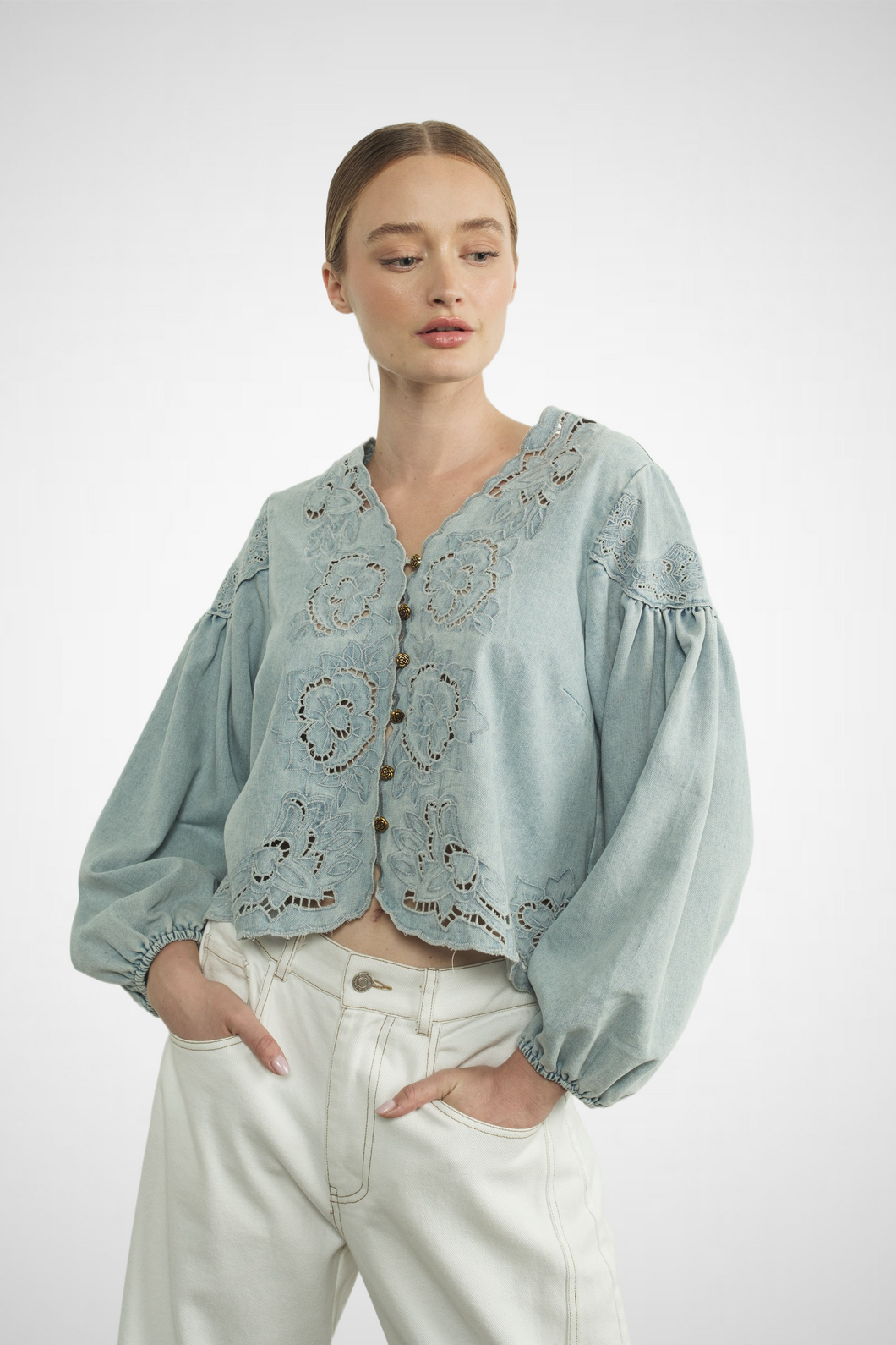 Denim Embroidery Volume Sleeve Top (8229387501776)
