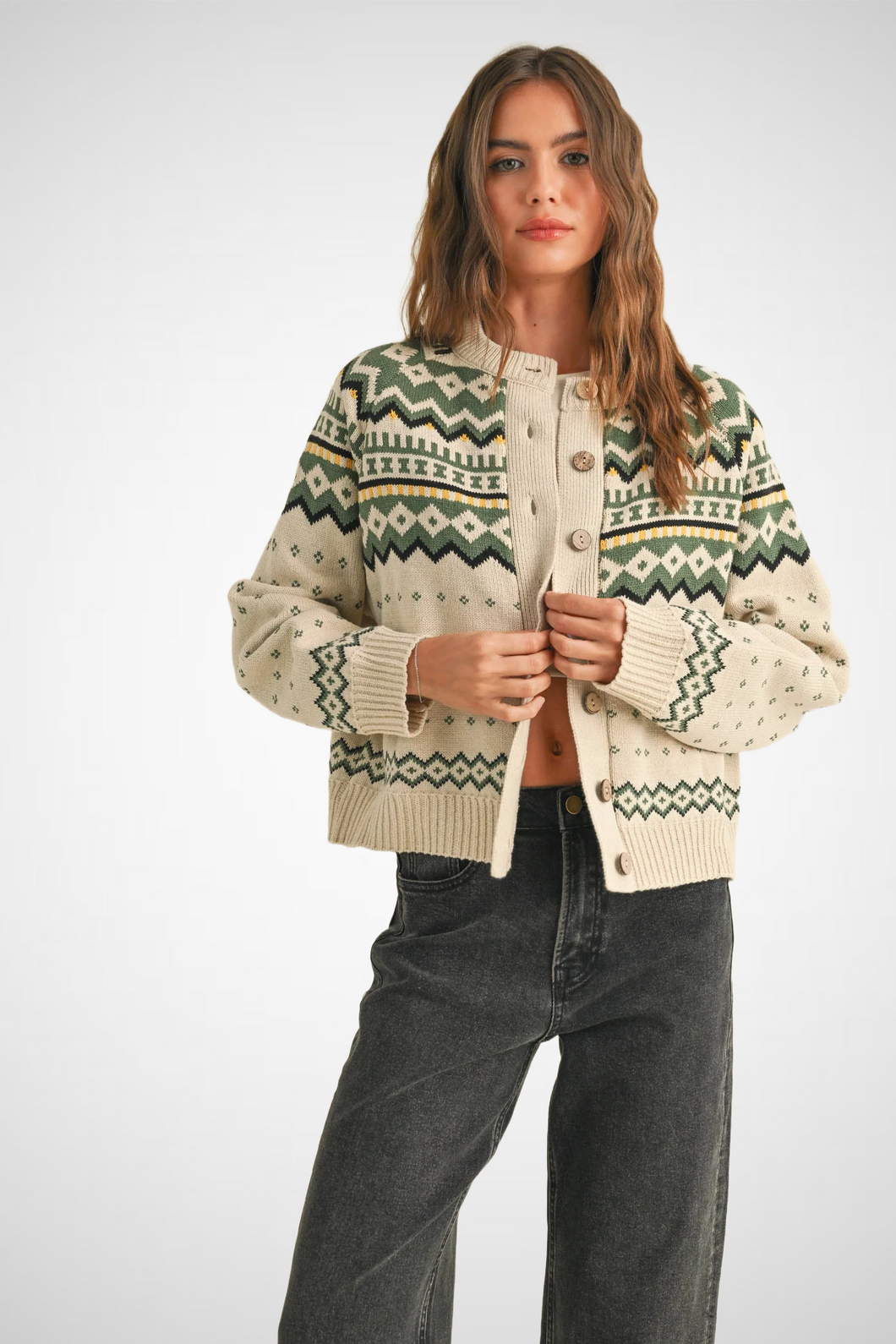 Multi Pattern Button Front Sweater Cardigan (8229683167440)