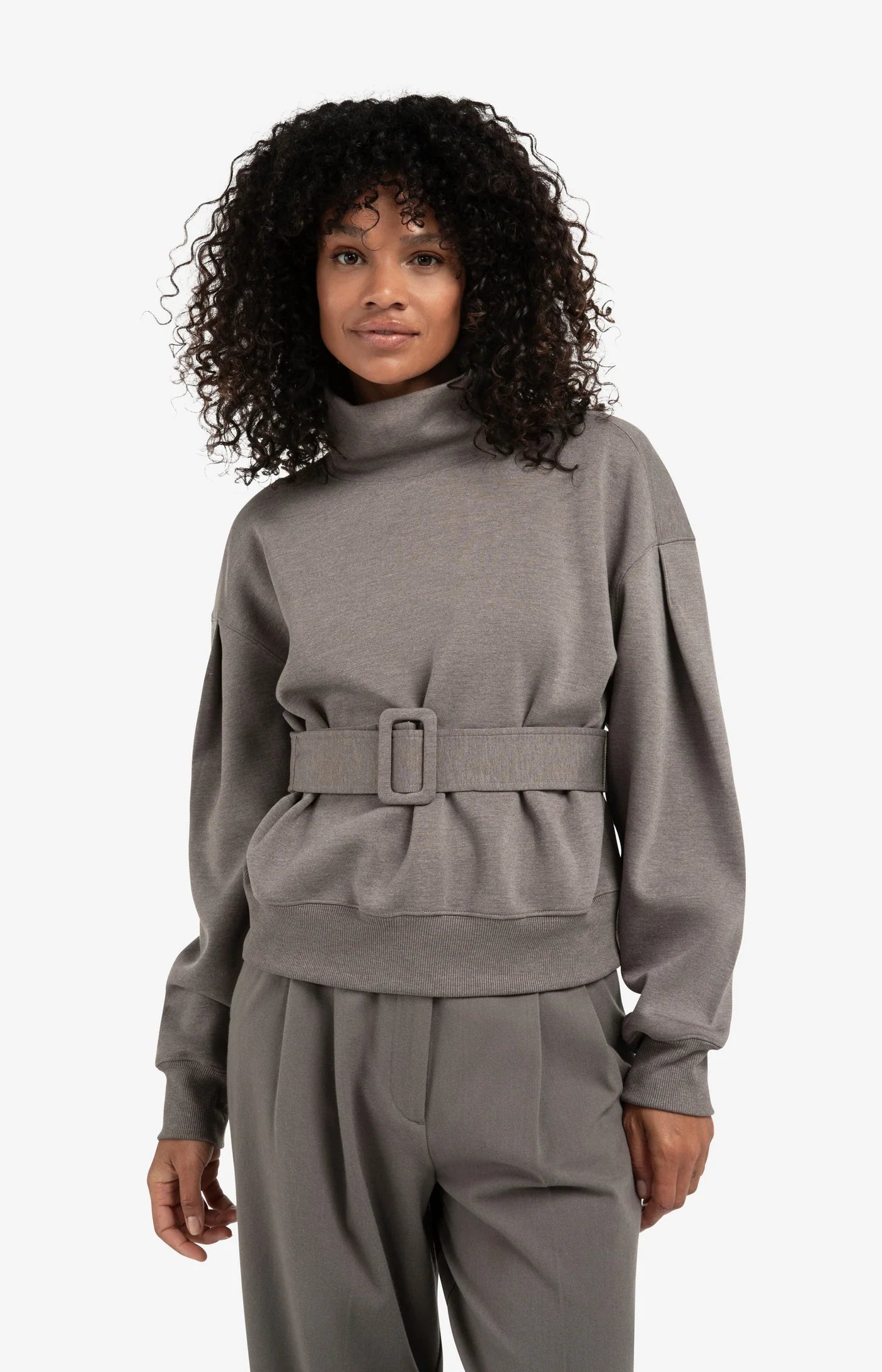 High Neck Sweatshirt With Belt & Pleated Sleeves