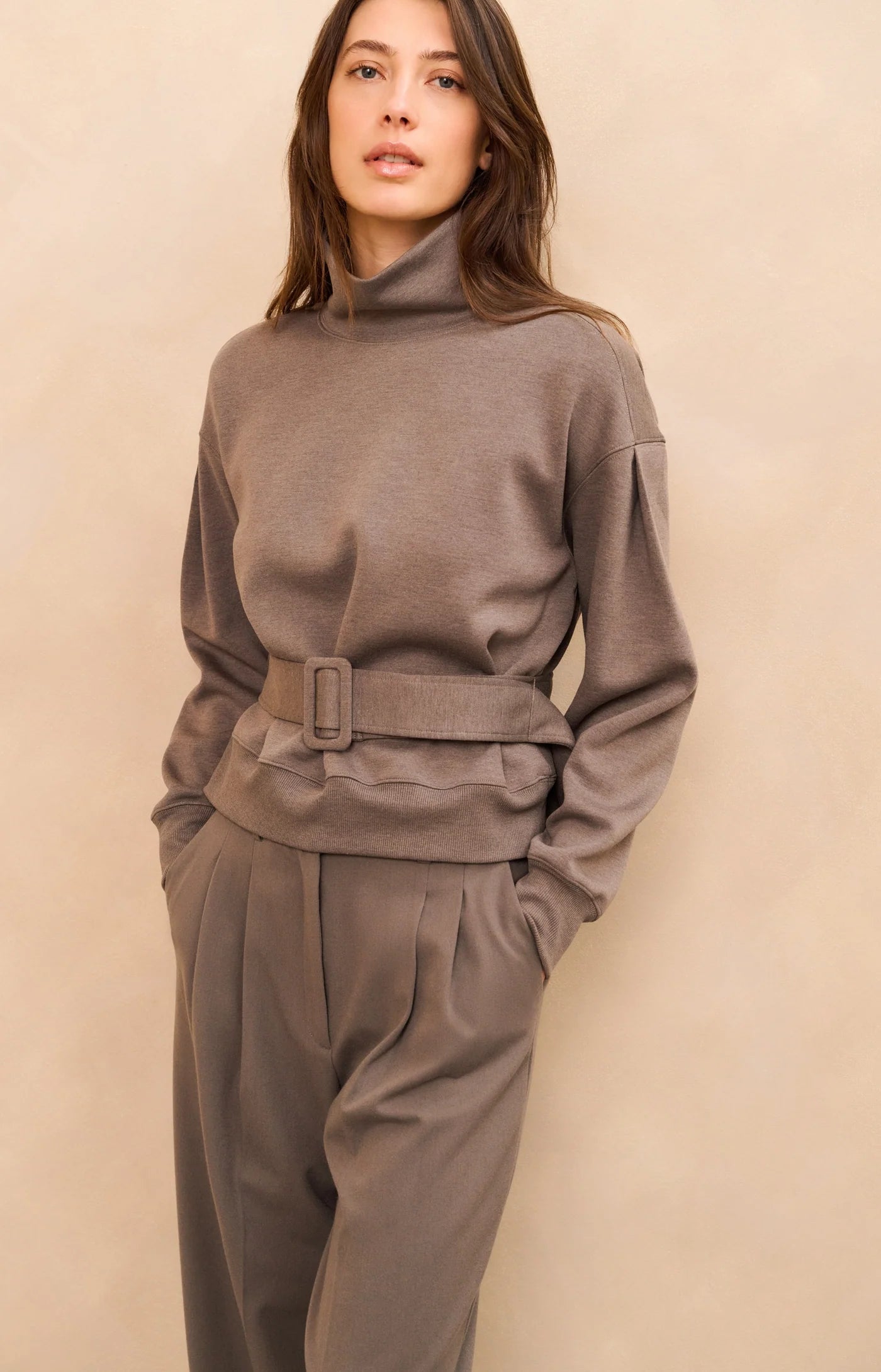 High Neck Sweatshirt With Belt & Pleated Sleeves