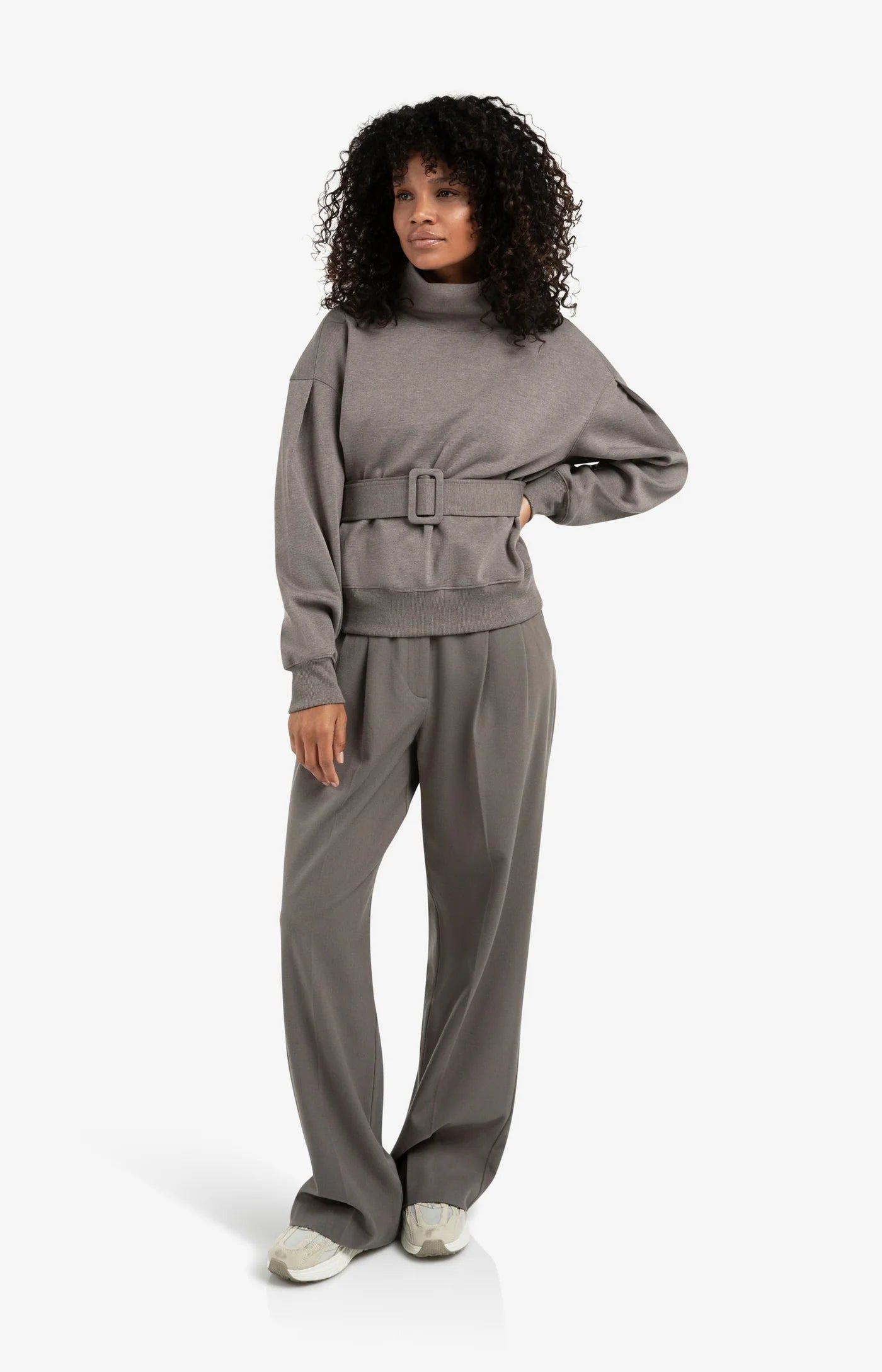 High Neck Sweatshirt With Belt & Pleated Sleeves