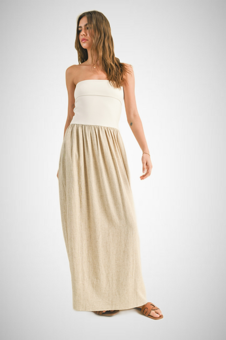 Linen With Ribbed Knitted Top Combo Dress (8258931687632)