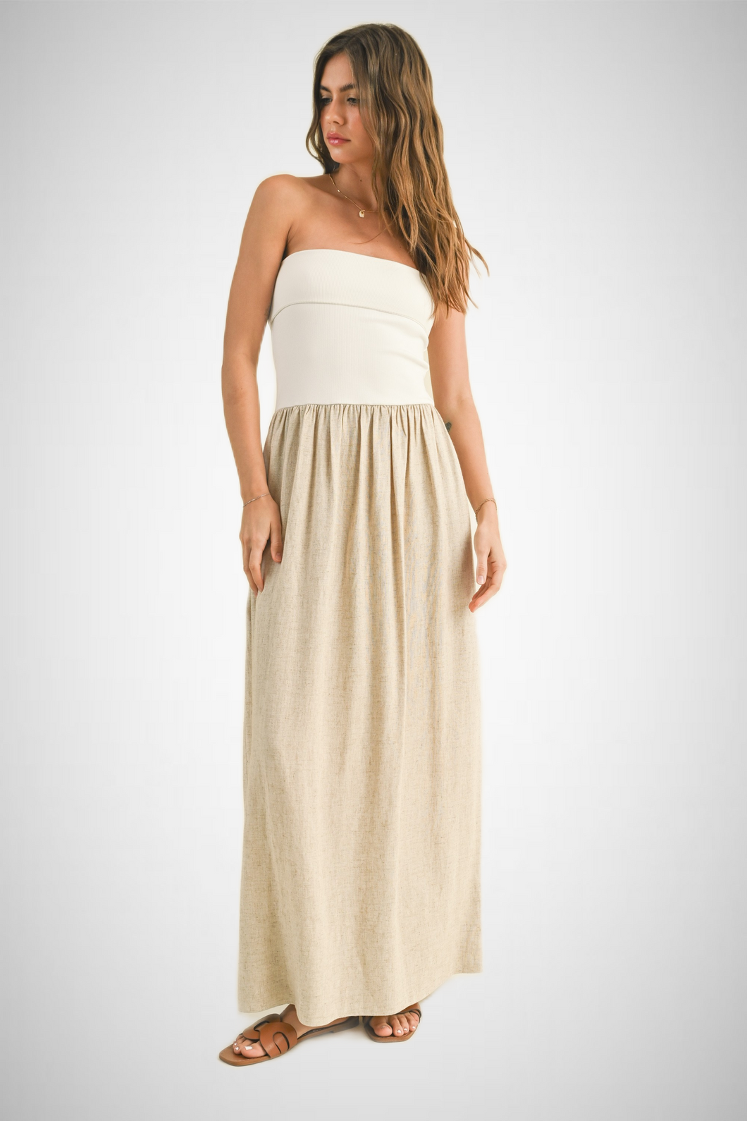Linen With Ribbed Knitted Top Combo Dress (8258931687632)