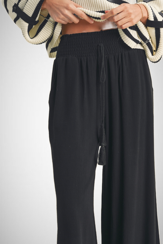 Cotton Linen Smocked Waist Pants With Tassel (8258931982544)
