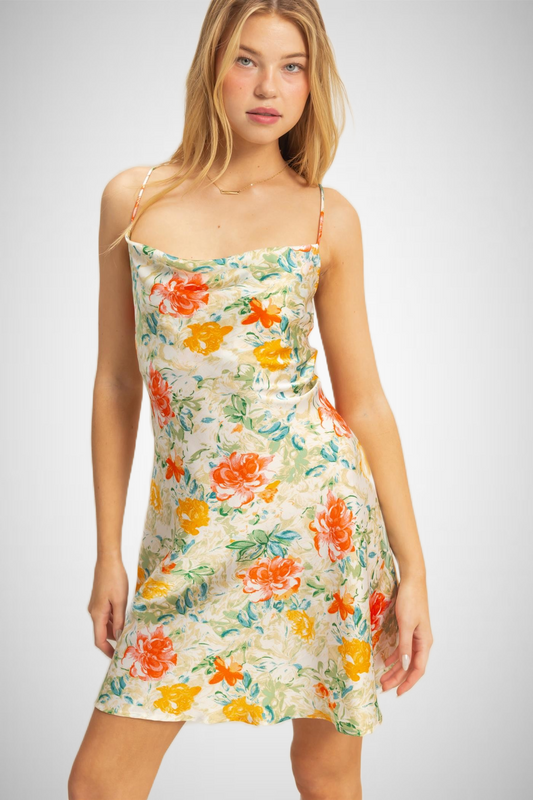 Floral Cowl Neck Flirty Satin Mini Dress (8268850594000)
