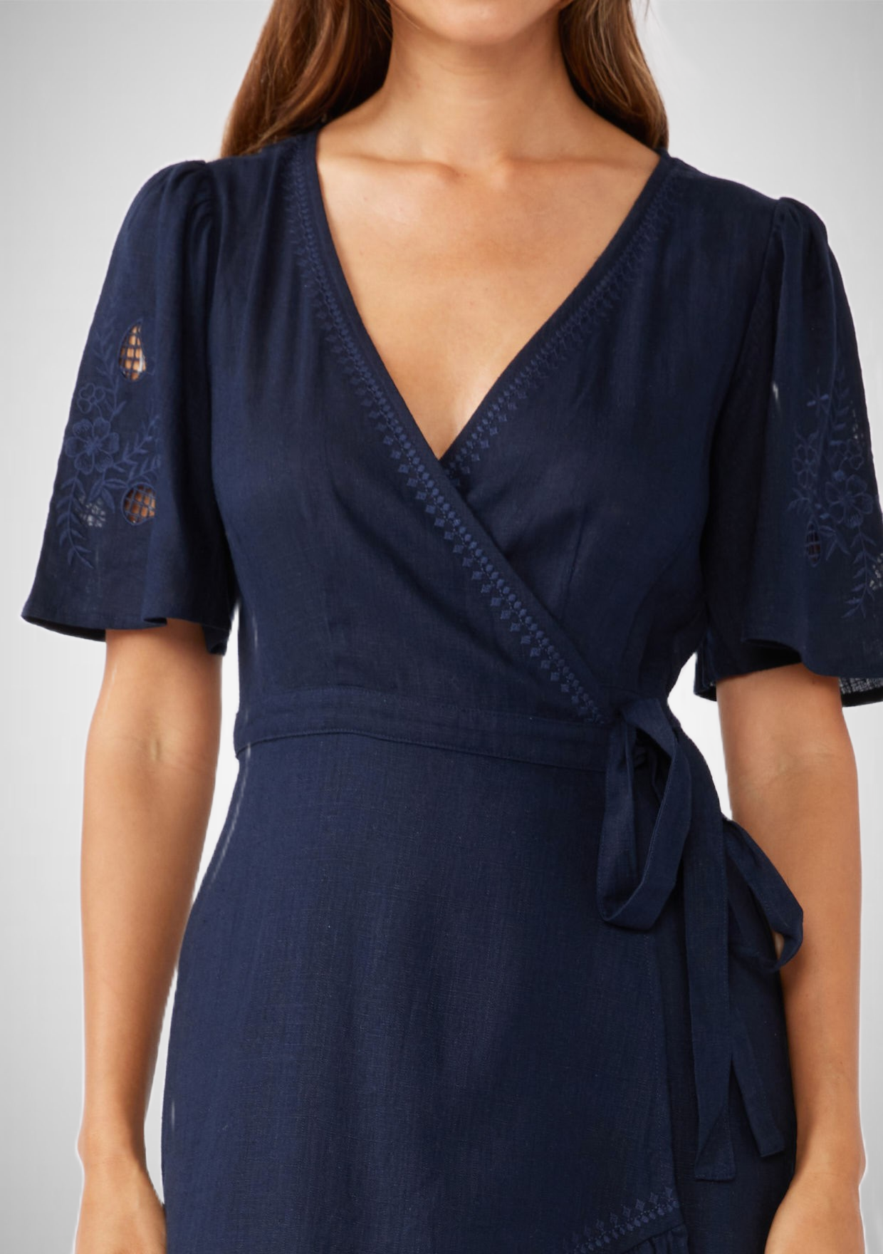 Cutout Embroidered Short Sleeve Midi Wrap Dress (8261796102352)