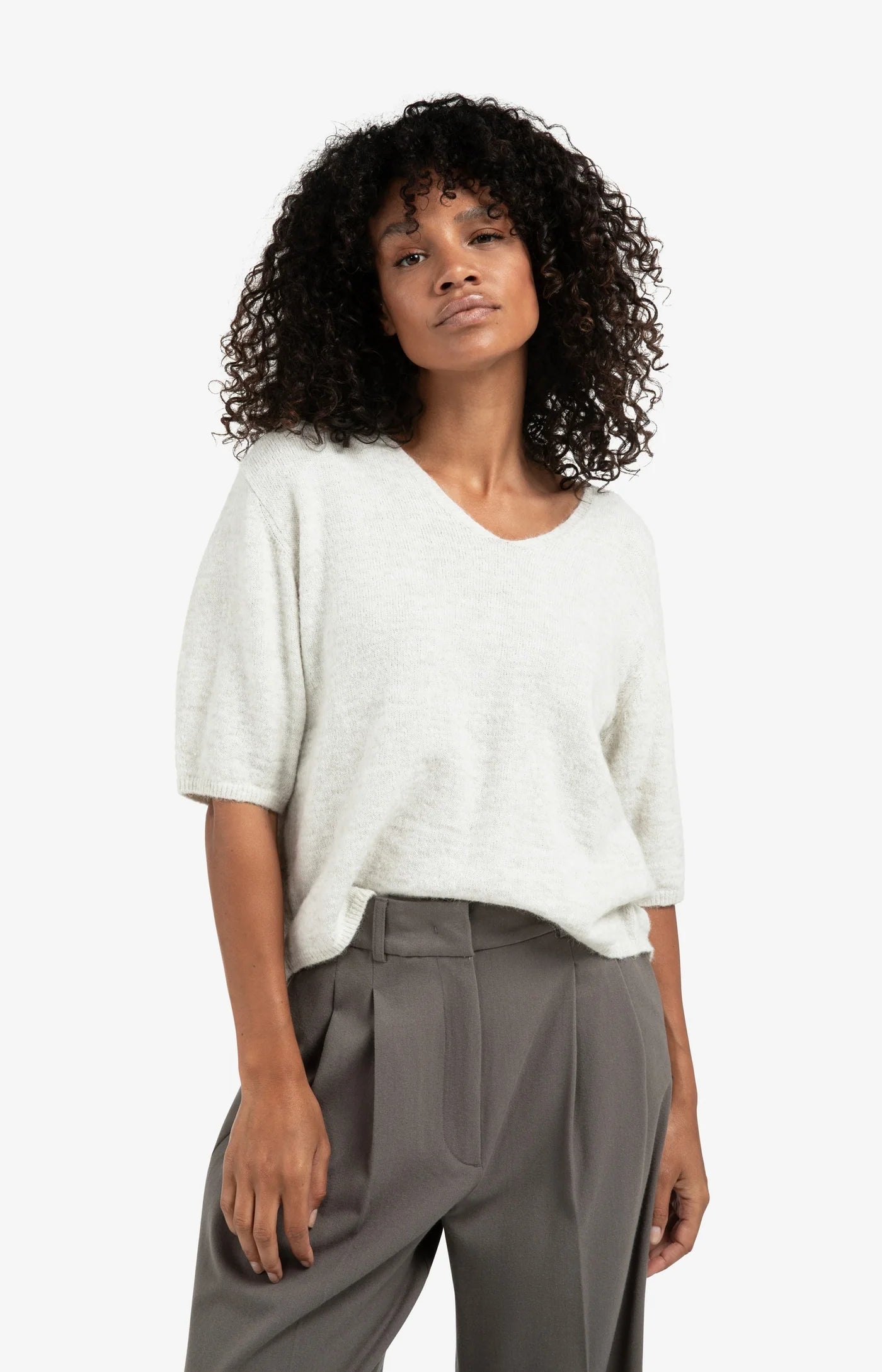 V-Neck Short Sleeve Sweater In Melange Yarn