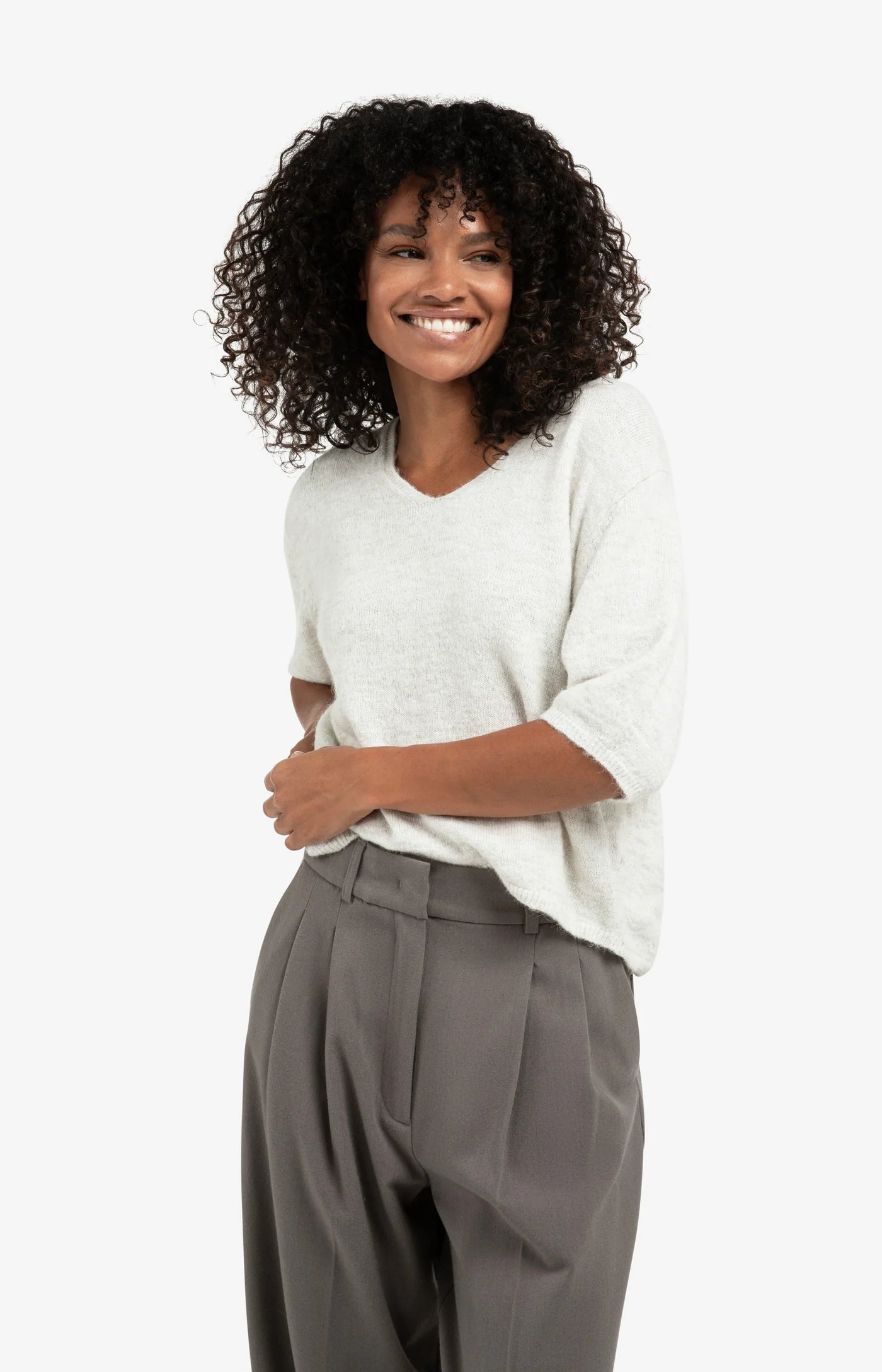 V-Neck Short Sleeve Sweater In Melange Yarn