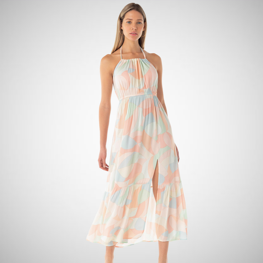 Abstract Printed Tiered Hem Halter Maxi Dress (7915277484240)