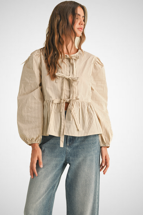 Striped Woven Blouse With Tie Front (8229698535632)