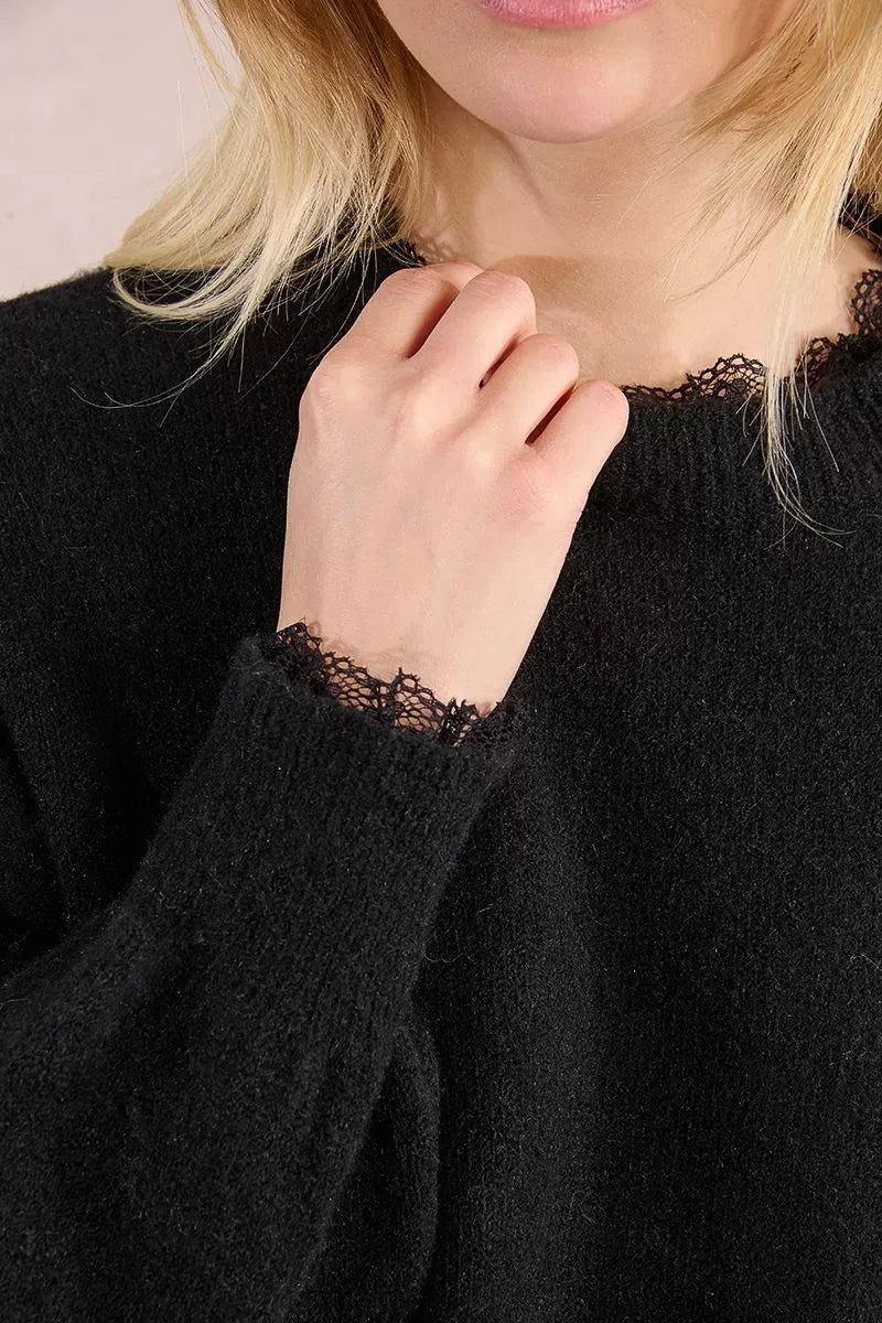 Sweatshirt-Style Knitted Sweater with Lace Edge (8345880395984)