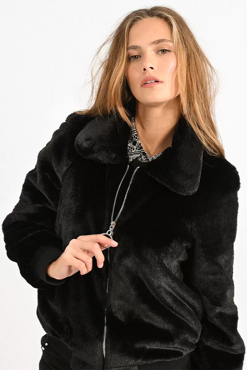 Premium blue crop 2025 pelted faux fur jacket