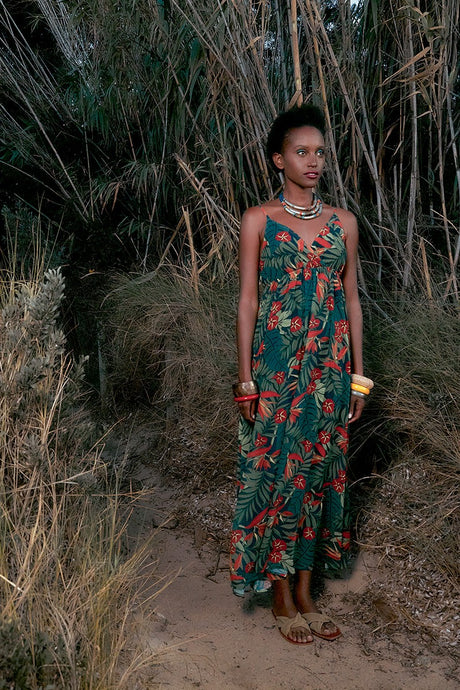 Model wearing navy green red printed maxi dress from Molly Bracken (7724316819664)