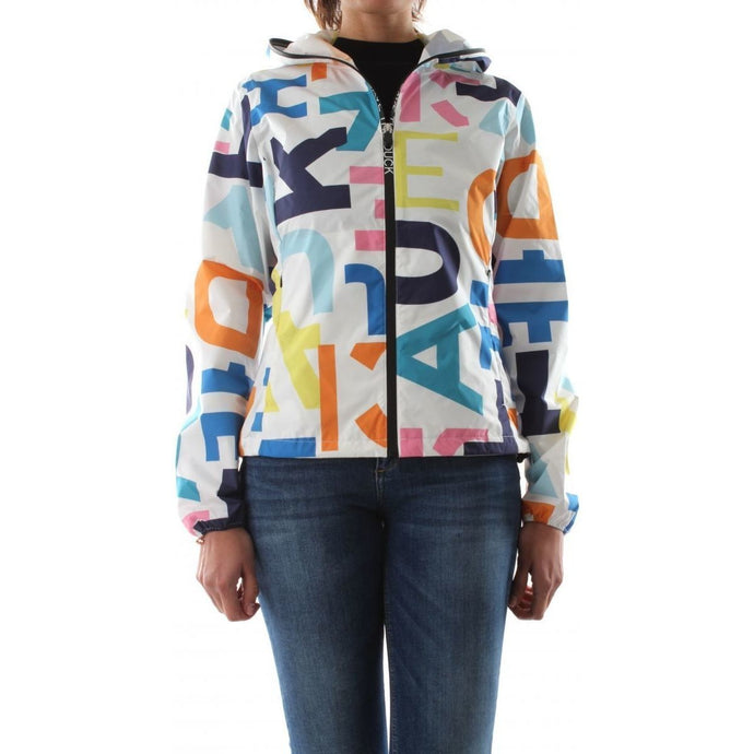 Model wearing a colourful letter decorated on white base THEIA raincoat from SAVE THE DUCK (7341575438544)