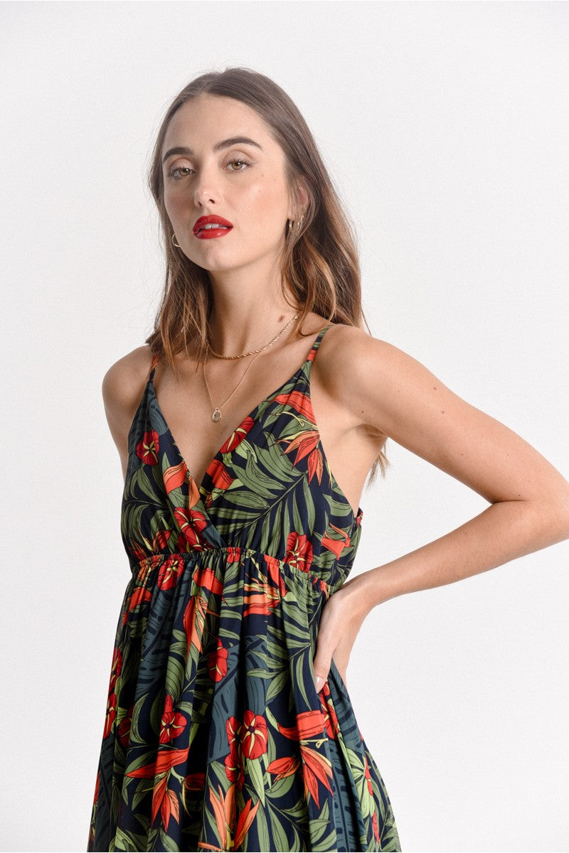 Model wearing navy green red printed maxi dress from Molly Bracken (7724316819664)