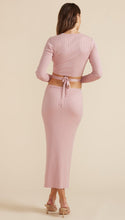 Load image into Gallery viewer, Woman wearing dusty lilac Aria Knit Midi skirt from Minkpink with Aria Knit top and brown sandals. (7714615099600)
