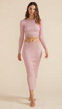 Load image into Gallery viewer, Woman wearing dusty lilac Aria Knit Midi skirt from Minkpink with Aria Knit top and brown sandals. (7714615099600)
