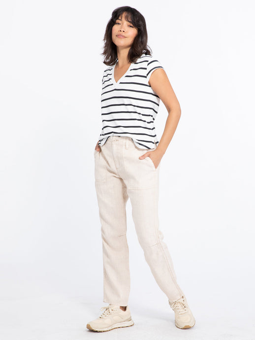 Model wearing Everyday 100% linen pants from Sanctuary with striped T-shirt. (7702011216080)