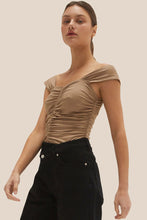 Load image into Gallery viewer, the model is wearing crescent arosa gathered sleeveless top. the top is taupe color, features all-over gathering detail with thick shoulder straps in a fit-to-bodice silhouette.  (7756403507408)
