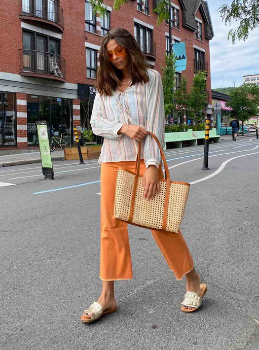 Model wearing Brielle Rails light striped shirt from Rails and Miss love mango twill pants with brown trimmed woven bali totebag. (7707557494992)