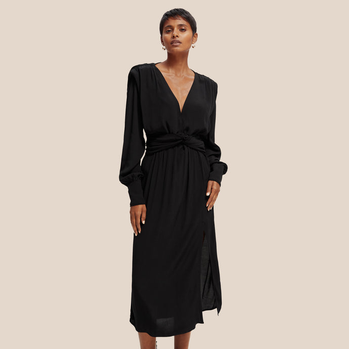 Long Sleeve Draped Dress With Slit Detail (7863353770192)