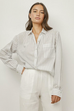 Load image into Gallery viewer, Model wearing a Hartley white and grey Penfield Stripe Shirt  (7357069459664)
