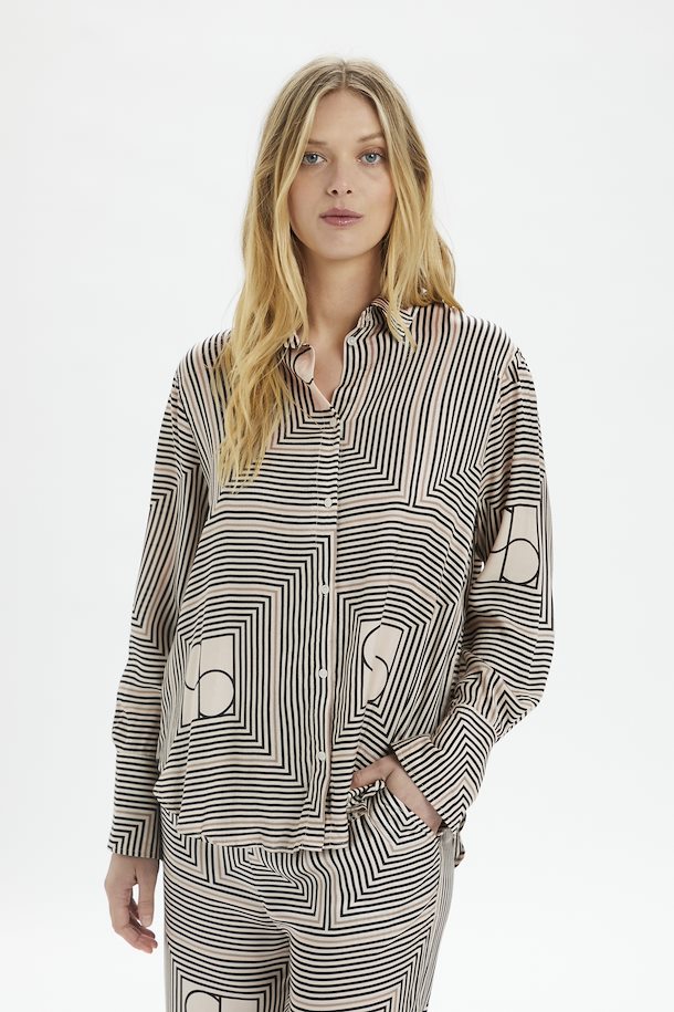 This photo contains a Kimaya shirt from Soaked in Luxury which has horizontal and vertical stripes forming squares with double half circles in the middle in black and beige colors. (7700578599120)