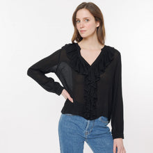 Load image into Gallery viewer, Model is wearing a black ARTLOVE SOLENE Blouse with ruffles on neck (7341140017360)

