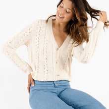 Load image into Gallery viewer, Model wearing cream FLORE Cardigan from Artlove with denim (7341054525648)
